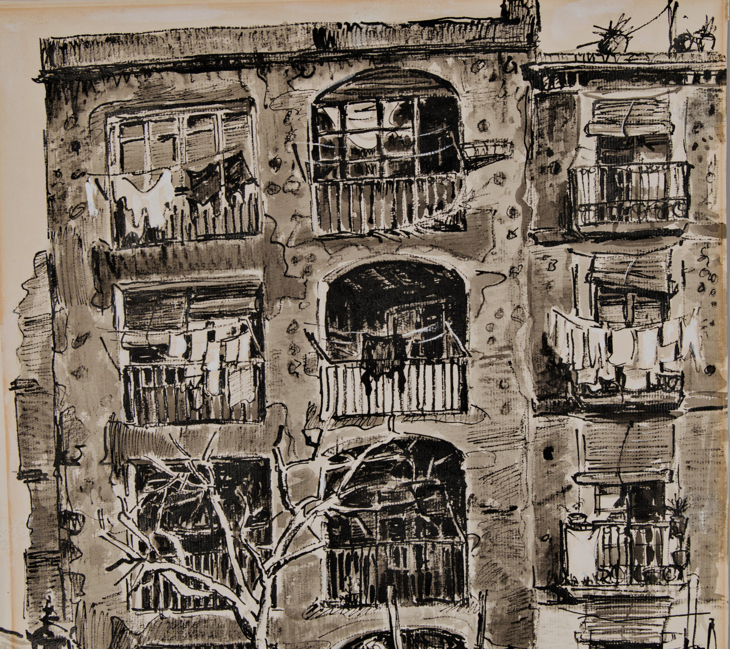 J. Riera | Crónica Urbana (La Colmena y el Café) | Dibujo Original a Tinta y Aguada (1957)
