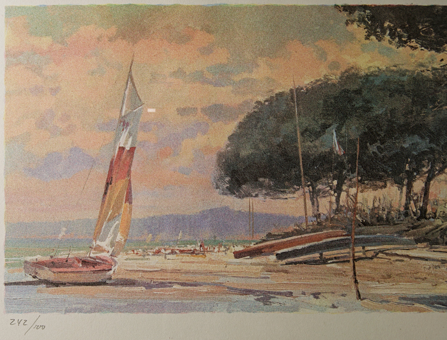 MANUEL MAYORAL GARCÍA | MARINA CON VELERO AL ATARDECER | LITOGRAFÍA ORIGINAL EDICIÓN LIMITADA