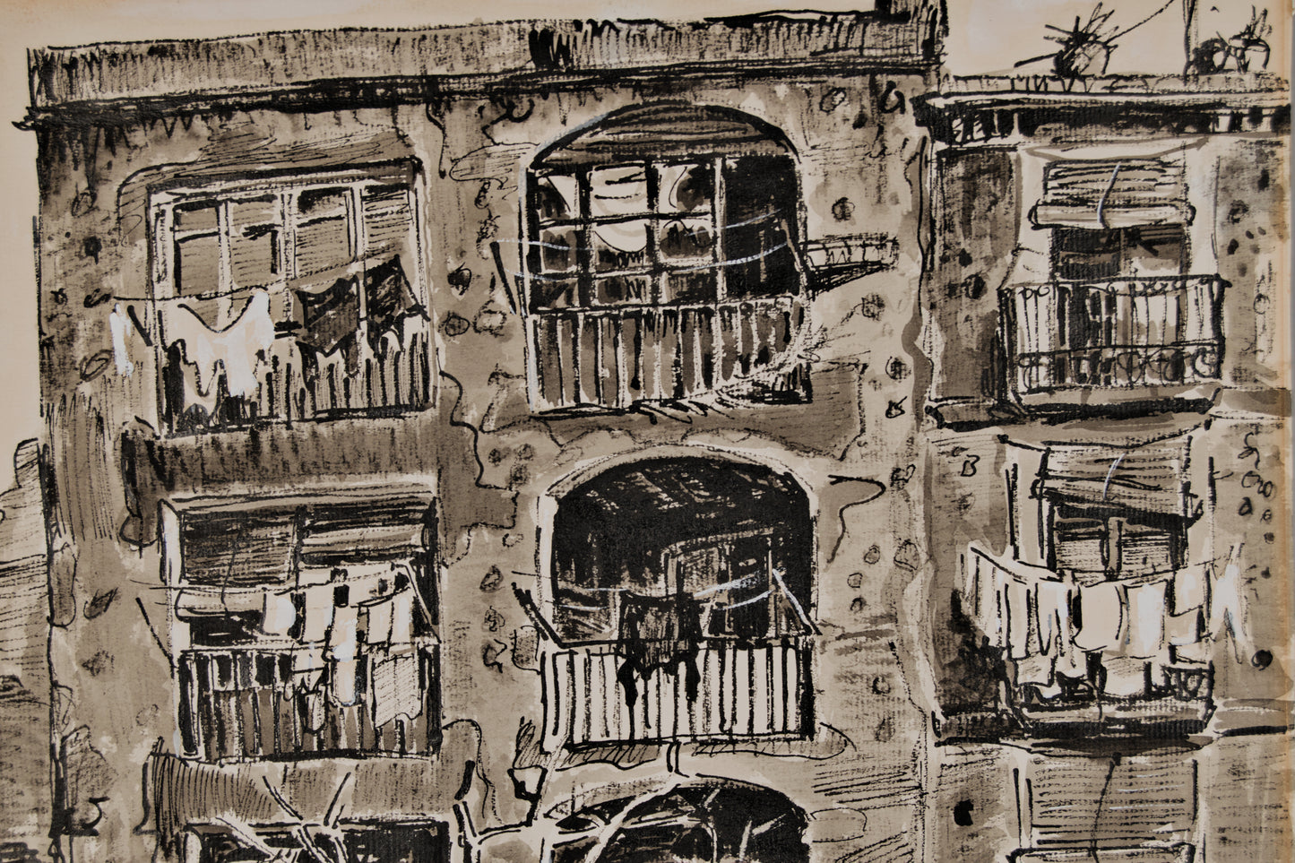 J. Riera | Crónica Urbana (La Colmena y el Café) | Dibujo Original a Tinta y Aguada (1957)