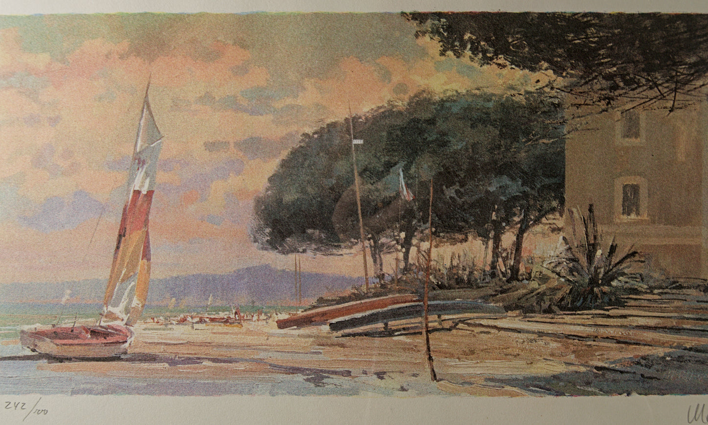 MANUEL MAYORAL GARCÍA | MARINA CON VELERO AL ATARDECER | LITOGRAFÍA ORIGINAL EDICIÓN LIMITADA