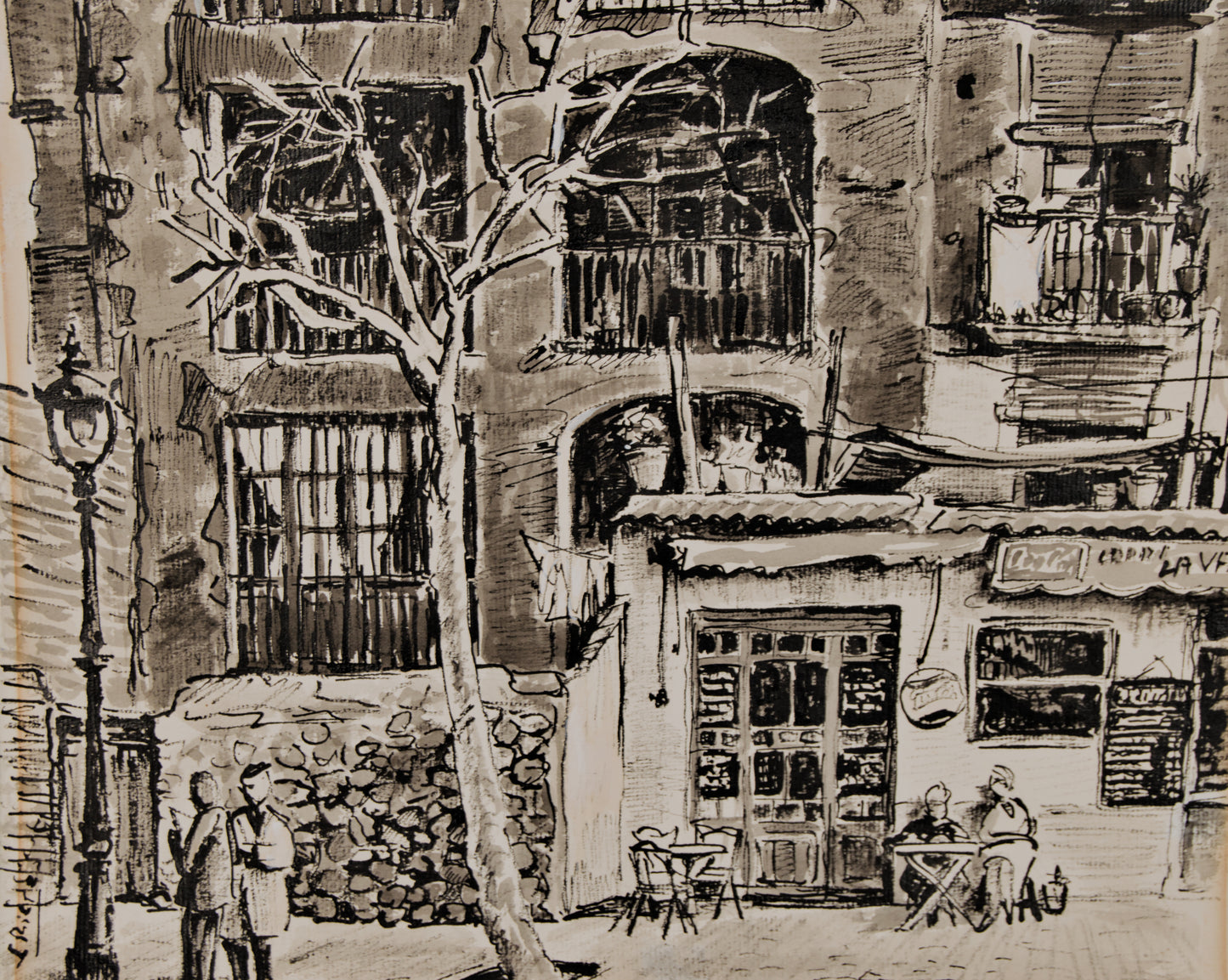 J. Riera | Crónica Urbana (La Colmena y el Café) | Dibujo Original a Tinta y Aguada (1957)