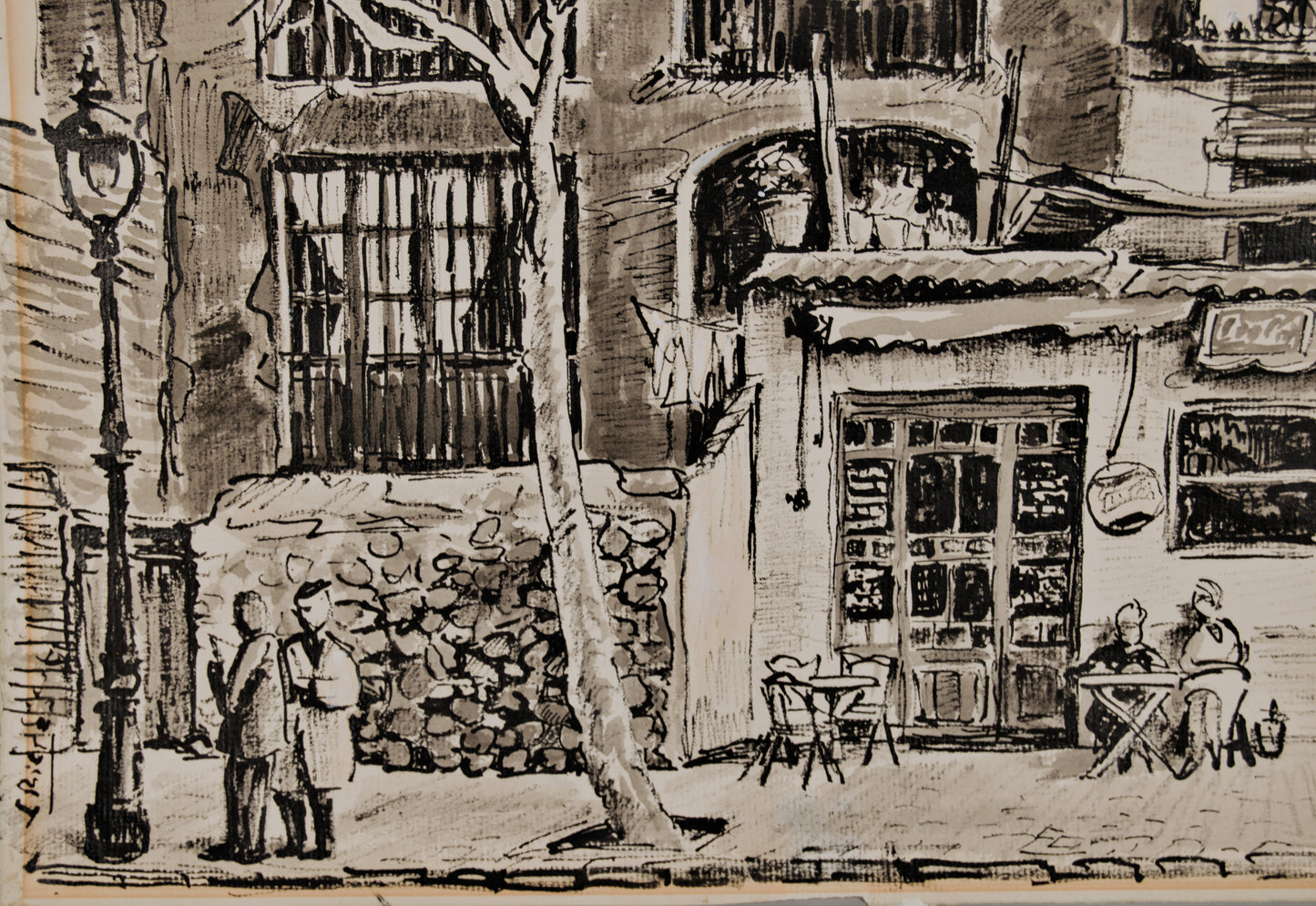J. Riera | Crónica Urbana (La Colmena y el Café) | Dibujo Original a Tinta y Aguada (1957)