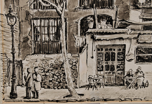 J. Riera | Crónica Urbana (La Colmena y el Café) | Dibujo Original a Tinta y Aguada (1957)