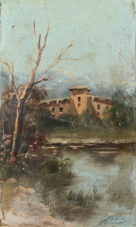 Firma Ilegible | Paisaje Fluvial con Arquitectura | Óleo sobre Papel S. XIX.