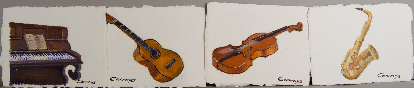 CANIMAS | CUARTETO DE INSTRUMENTOS MUSICALES | PINTURA MATÉRICA | ÓLEO SOBRE PAPEL CON BARBAS