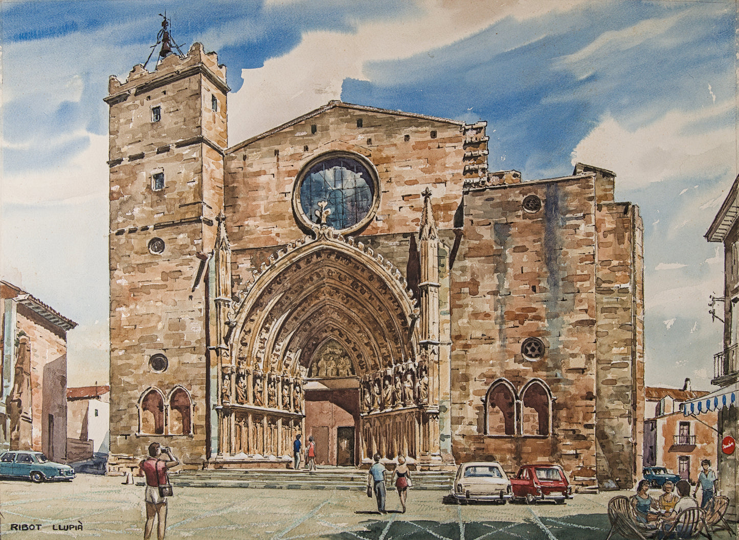 J. RIBOT LLUPIÁ | FACHADA MONUMENTAL (AÑOS 70) | PAISAJE URBANO | ACUARELA ORIGINAL