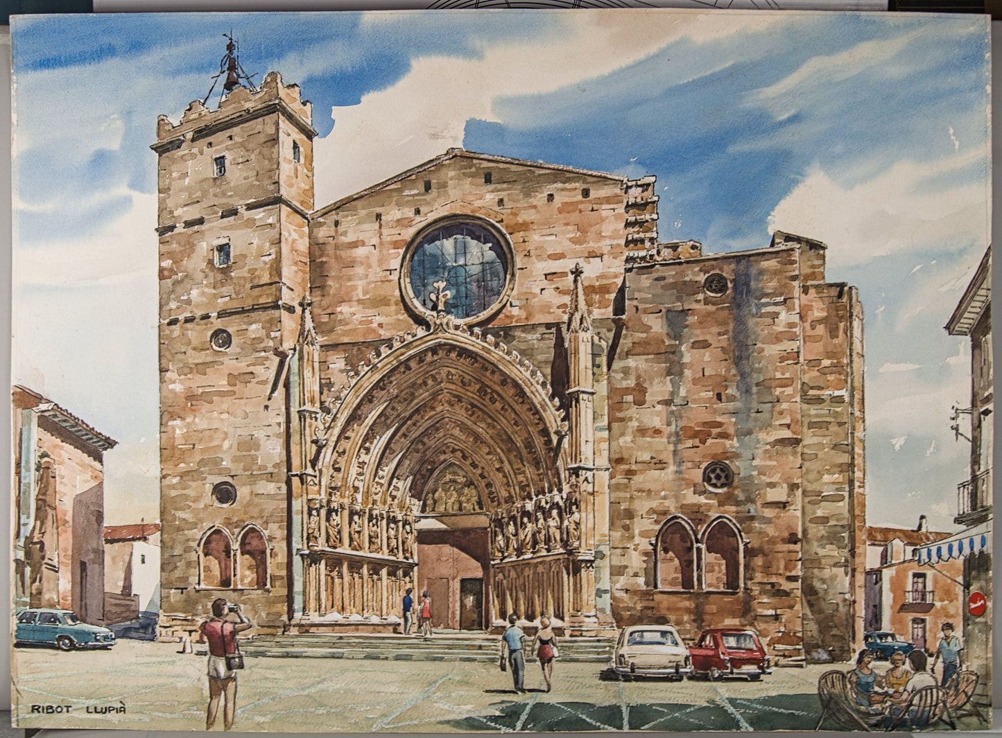 J. RIBOT LLUPIÁ | FACHADA MONUMENTAL (AÑOS 70) | PAISAJE URBANO | ACUARELA ORIGINAL
