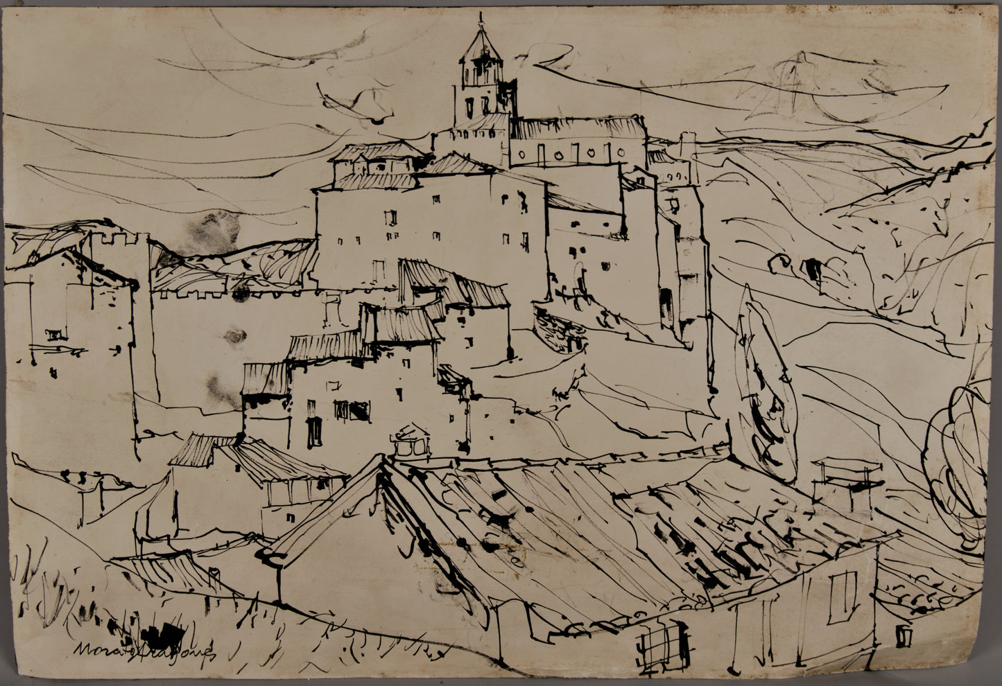 Morató Aragonés | Skyline Rural (Pueblo Escalonado) | Dibujo Original a Tinta