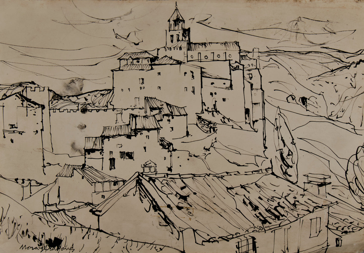 Morató Aragonés | Skyline Rural (Pueblo Escalonado) | Dibujo Original a Tinta