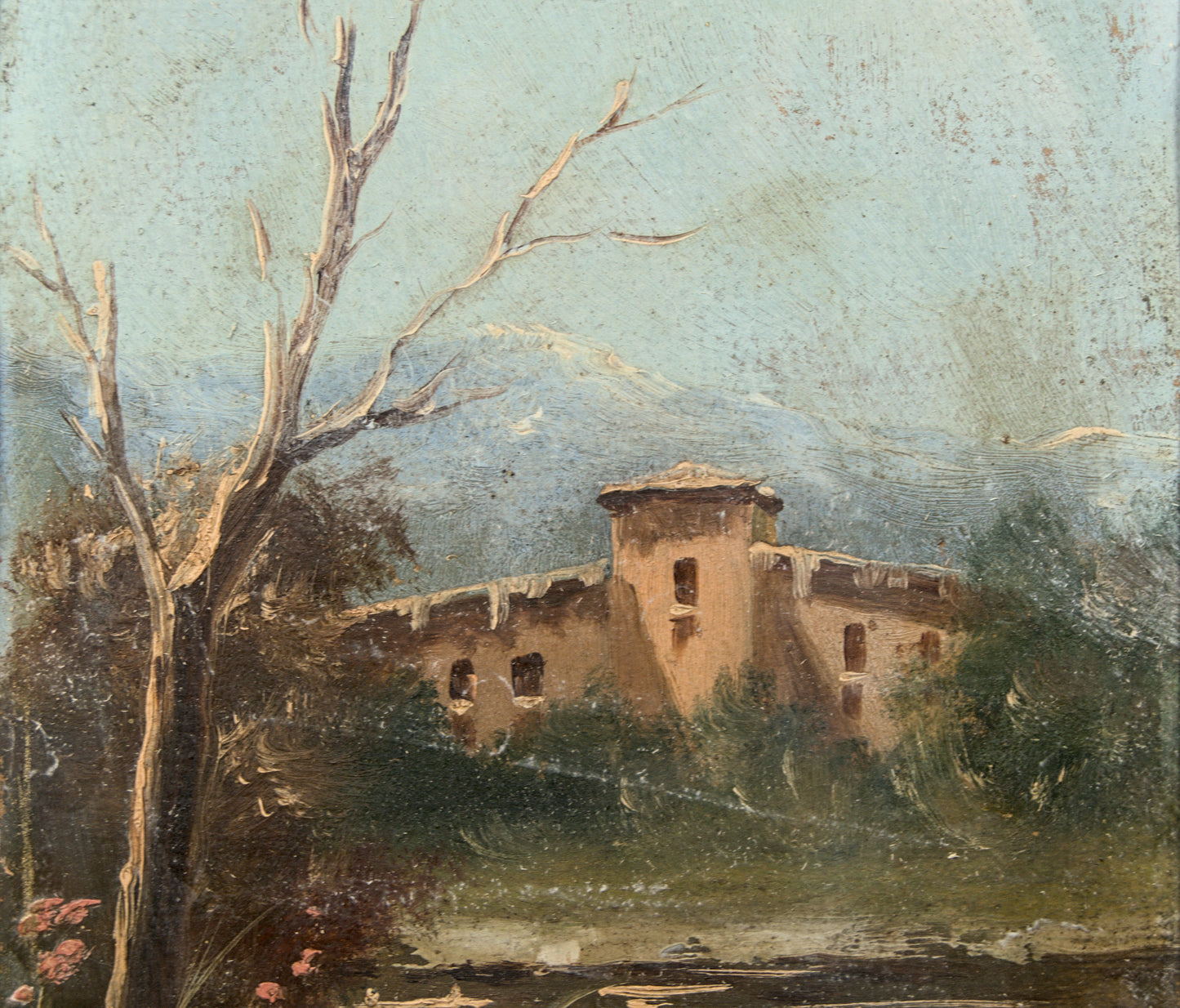 Firma Ilegible | Paisaje Fluvial con Arquitectura | Óleo sobre Papel S. XIX.