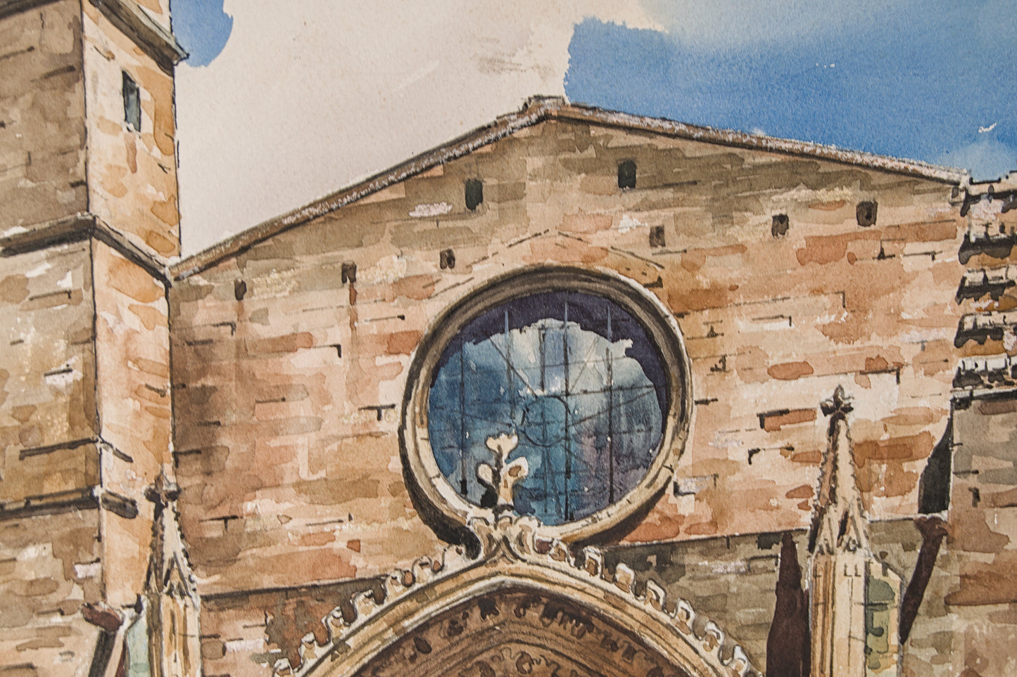 J. RIBOT LLUPIÁ | FACHADA MONUMENTAL (AÑOS 70) | PAISAJE URBANO | ACUARELA ORIGINAL