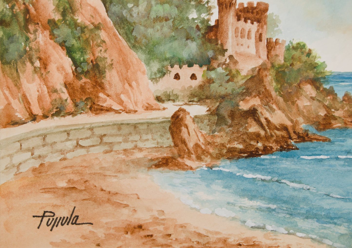 PIJIULA | VISTA DEL CASTELL D'EN PLAJA (LLORET) | ACUARELA ORIGINAL | PAISAJISMO CATALÁN