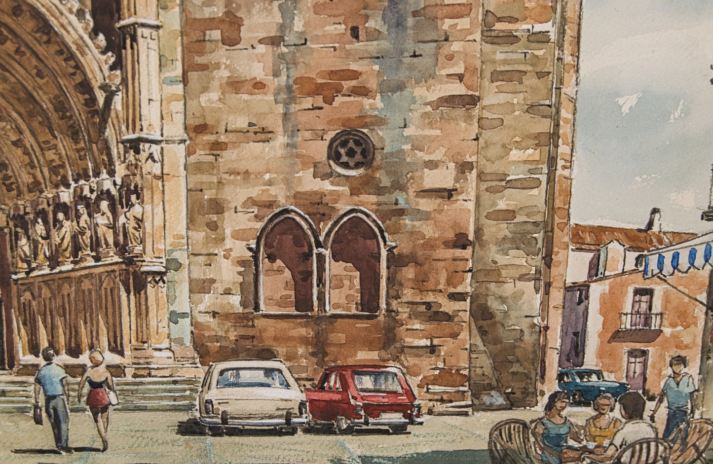 J. RIBOT LLUPIÁ | FACHADA MONUMENTAL (AÑOS 70) | PAISAJE URBANO | ACUARELA ORIGINAL