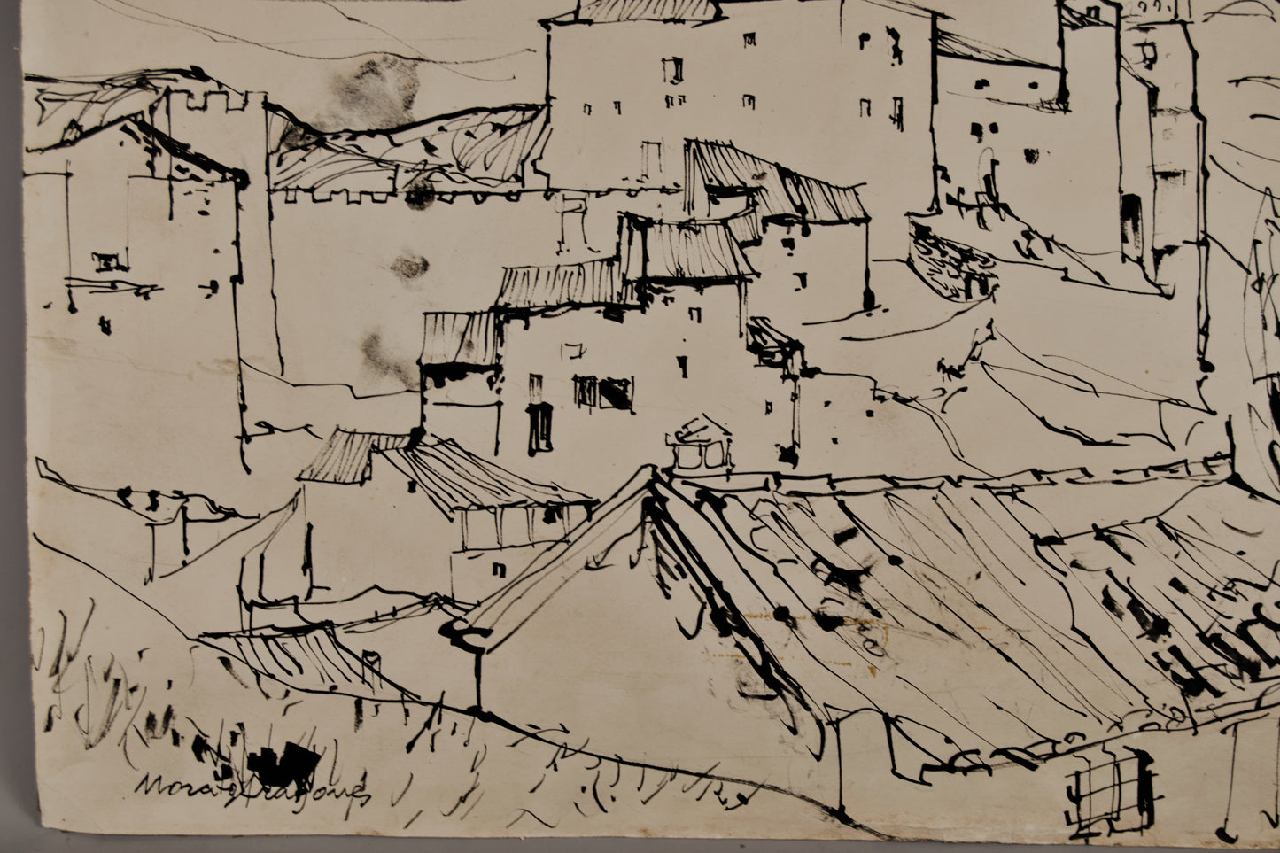Morató Aragonés | Skyline Rural (Pueblo Escalonado) | Dibujo Original a Tinta
