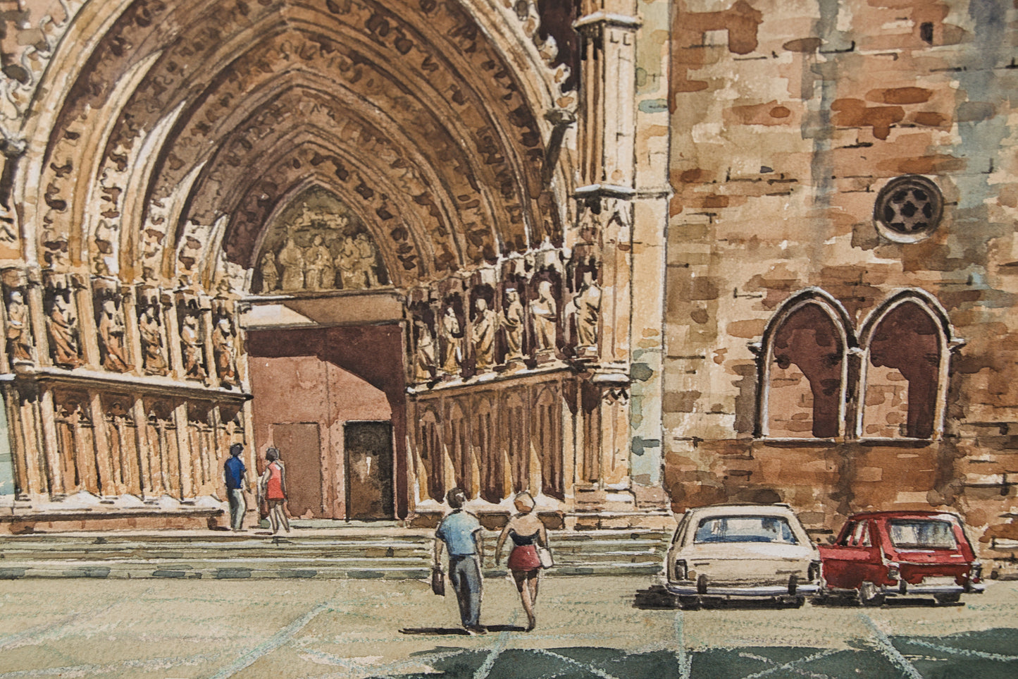 J. RIBOT LLUPIÁ | FACHADA MONUMENTAL (AÑOS 70) | PAISAJE URBANO | ACUARELA ORIGINAL