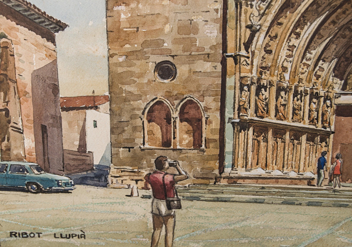 J. RIBOT LLUPIÁ | FACHADA MONUMENTAL (AÑOS 70) | PAISAJE URBANO | ACUARELA ORIGINAL