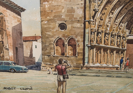 J. RIBOT LLUPIÁ | FACHADA MONUMENTAL (AÑOS 70) | PAISAJE URBANO | ACUARELA ORIGINAL