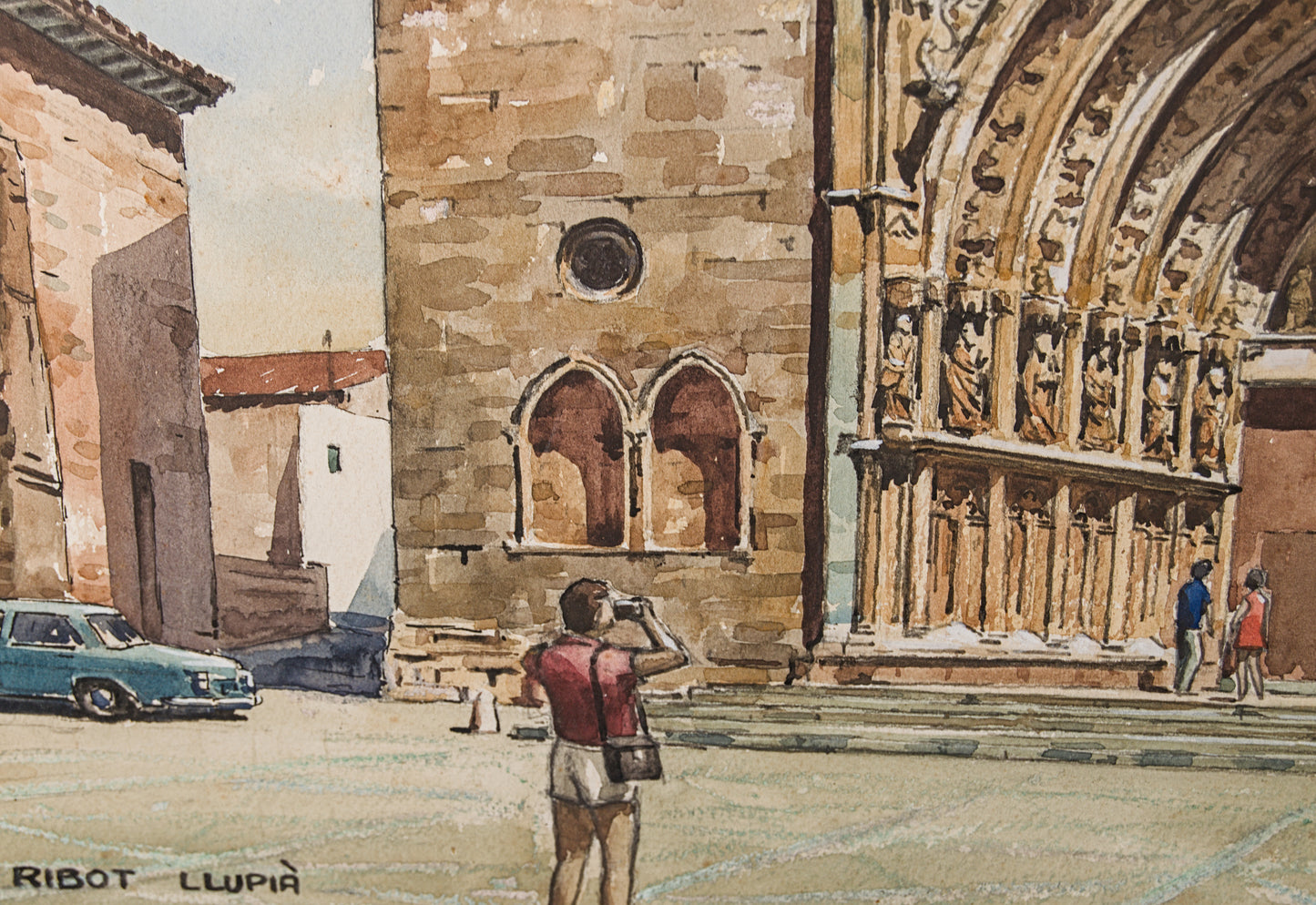 J. RIBOT LLUPIÁ | FACHADA MONUMENTAL (AÑOS 70) | PAISAJE URBANO | ACUARELA ORIGINAL