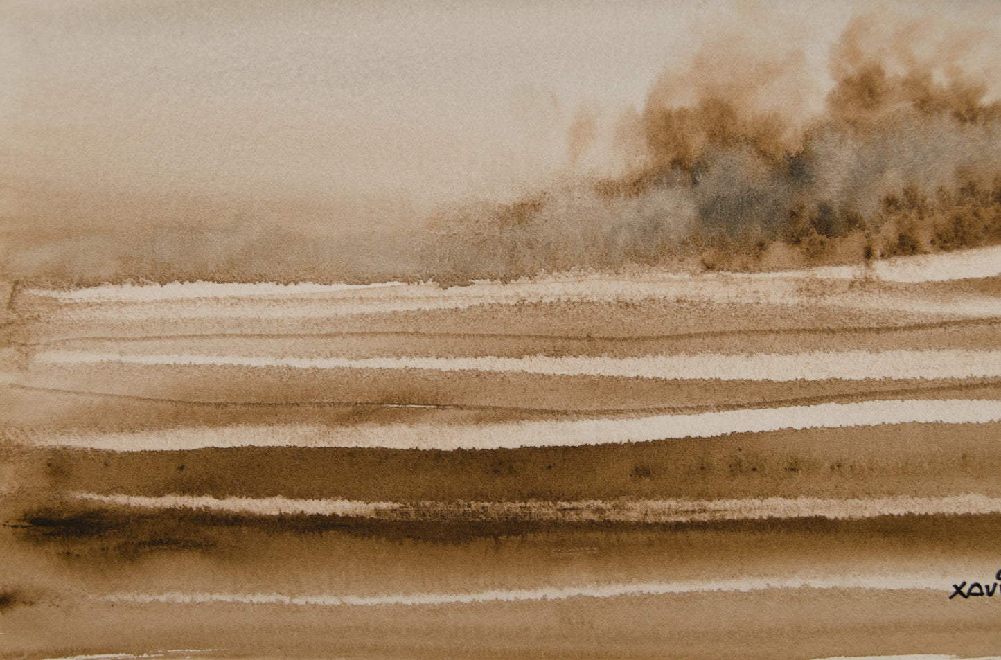 XAVIER UBACH | PAISAJE EN SEPIA (1990) | ACUARELA ORIGINAL | ABSTRACCIÓN LÍRICA