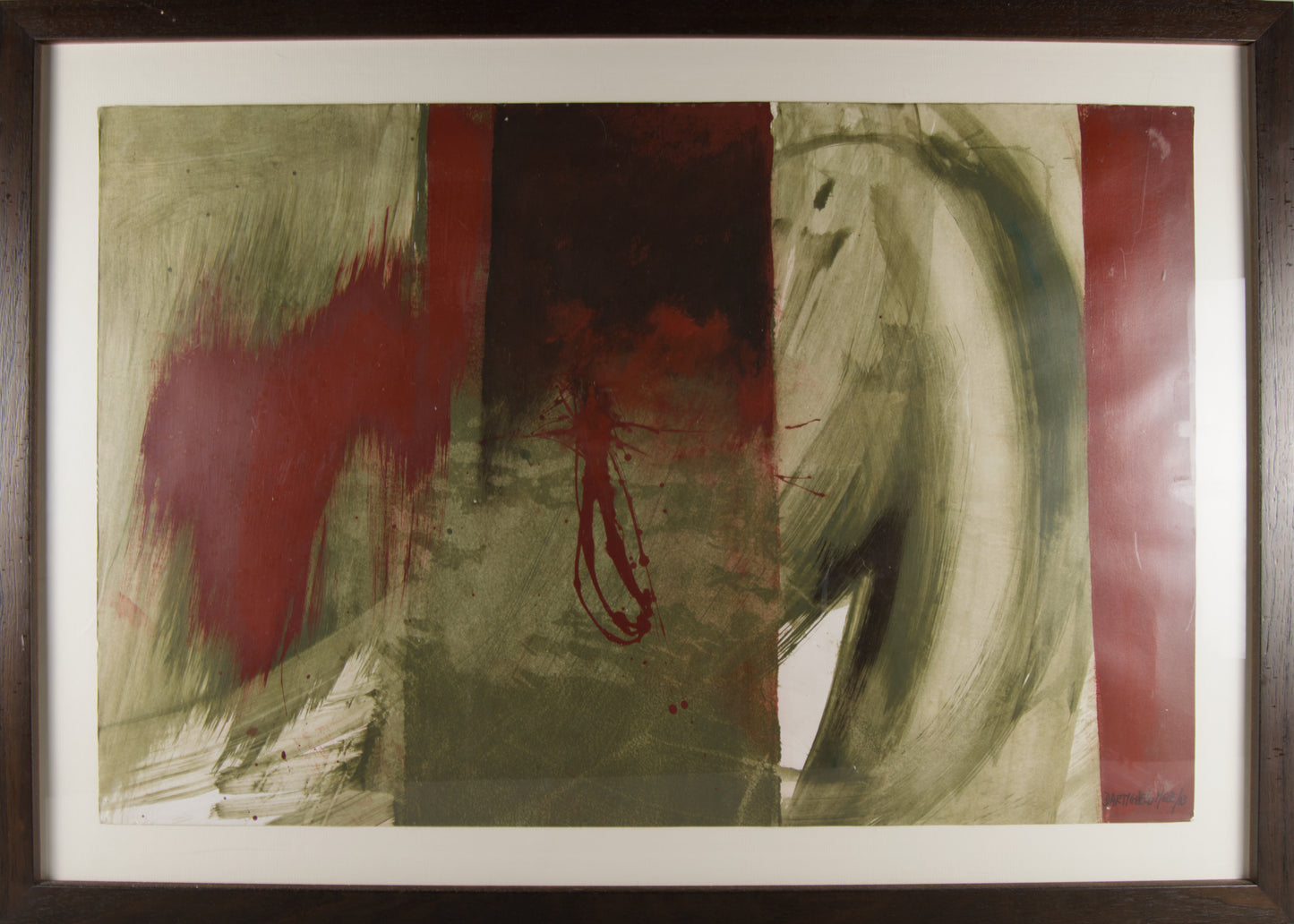 ISABEL DARTIGUELONGUE | CHROMATISCHE SPANNUNG IN ROT UND OLIV | GESTISCHE ABSTRAKTION | ACRYL AUF KARTON