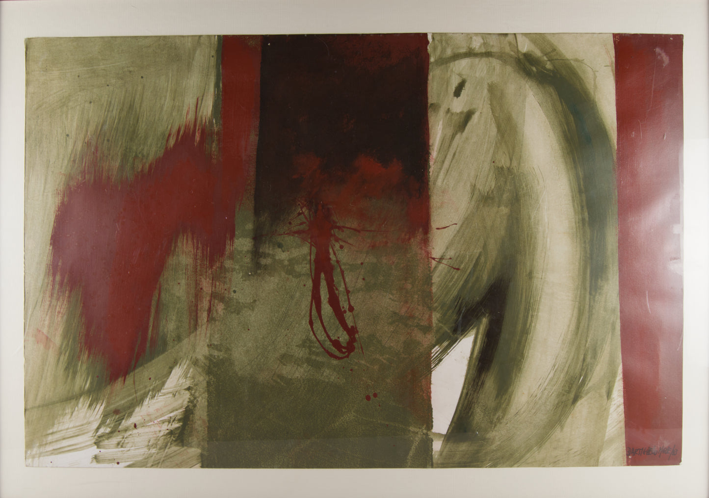 ISABEL DARTIGUELONGUE | CHROMATISCHE SPANNUNG IN ROT UND OLIV | GESTISCHE ABSTRAKTION | ACRYL AUF KARTON