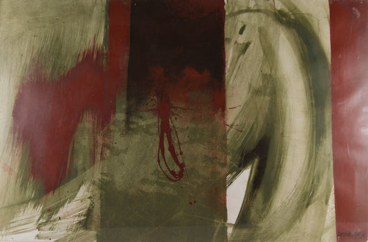 ISABEL DARTIGUELONGUE | CHROMATISCHE SPANNUNG IN ROT UND OLIV | GESTISCHE ABSTRAKTION | ACRYL AUF KARTON