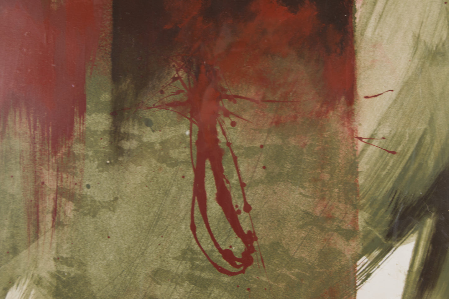 ISABEL DARTIGUELONGUE | CHROMATISCHE SPANNUNG IN ROT UND OLIV | GESTISCHE ABSTRAKTION | ACRYL AUF KARTON