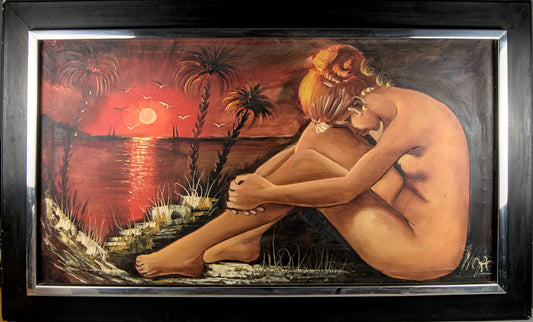 Escuela Figurativa del Siglo XX | Desnudo Femenino en Paisaje Tropical | Óleo de Gran Formato