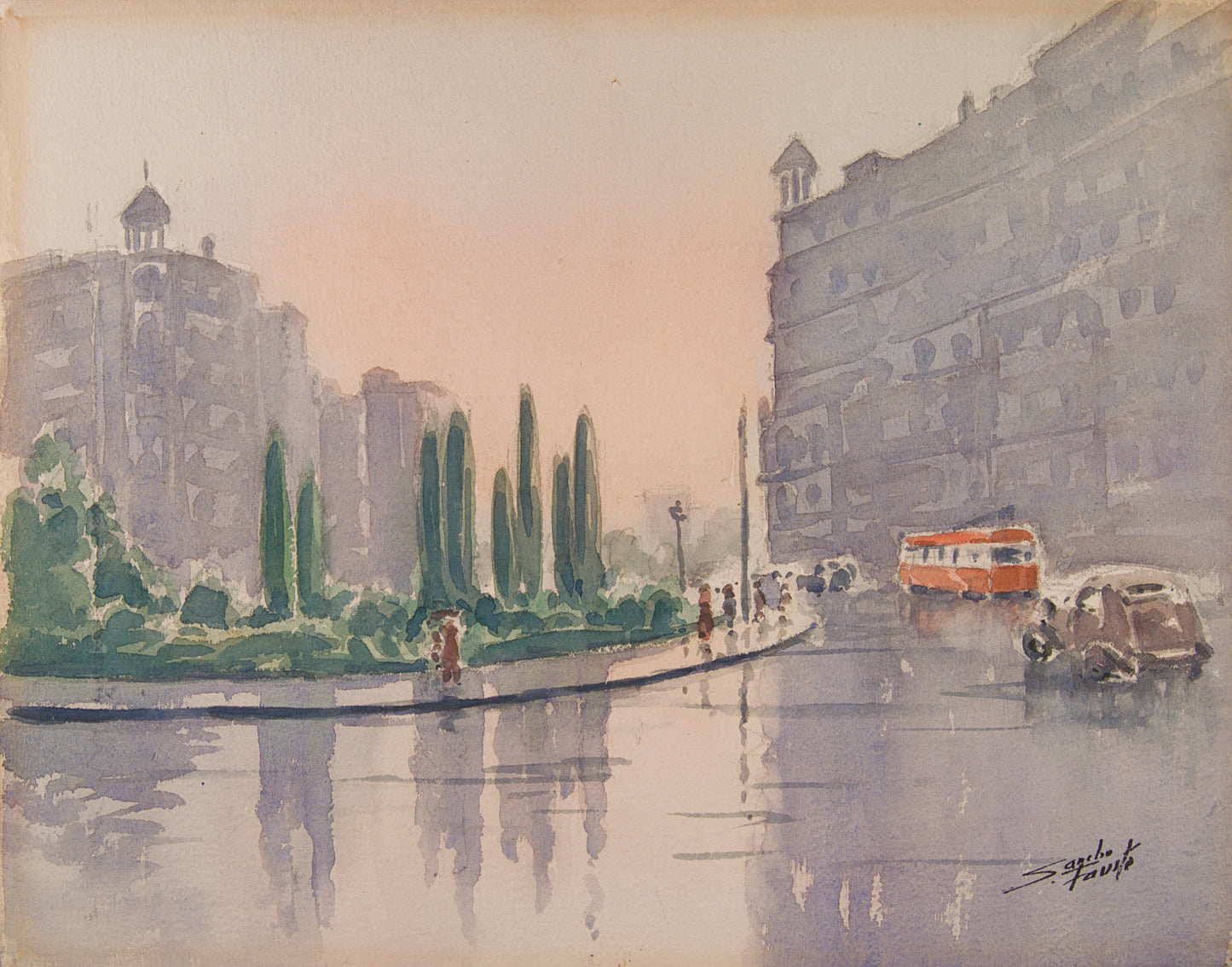 PEDRO SANCHO FAUSTE | ESCENA URBANA: PERSPECTIVA ATMOSFÉRICA | ACUARELA SOBRE PAPEL GUARRO