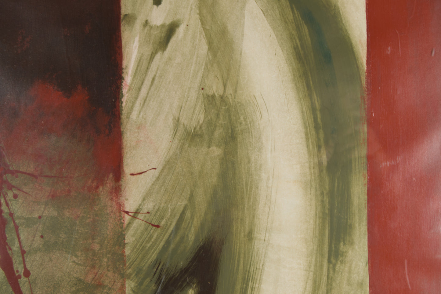 ISABEL DARTIGUELONGUE | CHROMATISCHE SPANNUNG IN ROT UND OLIV | GESTISCHE ABSTRAKTION | ACRYL AUF KARTON