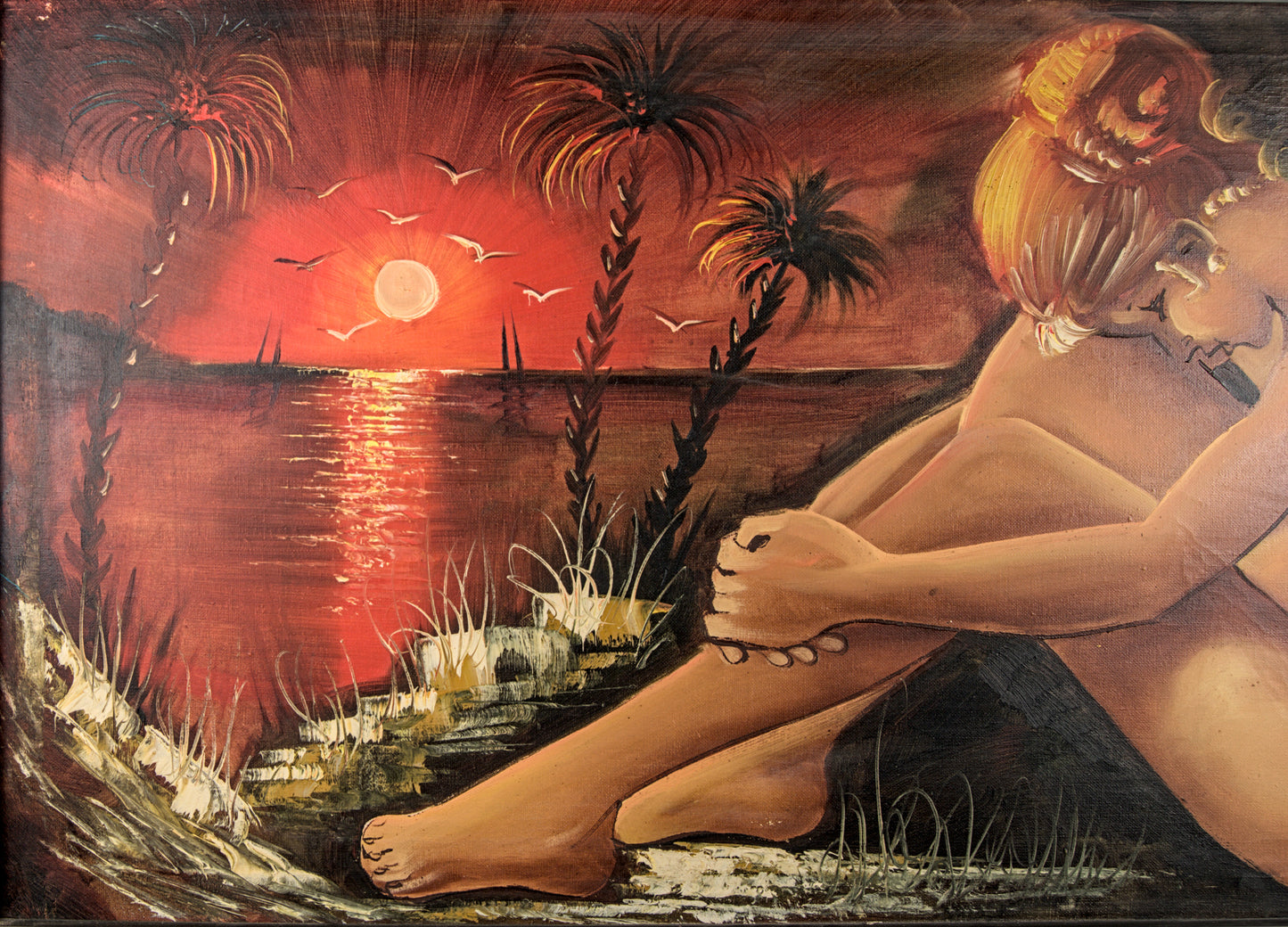 Escuela Figurativa del Siglo XX | Desnudo Femenino en Paisaje Tropical | Óleo de Gran Formato