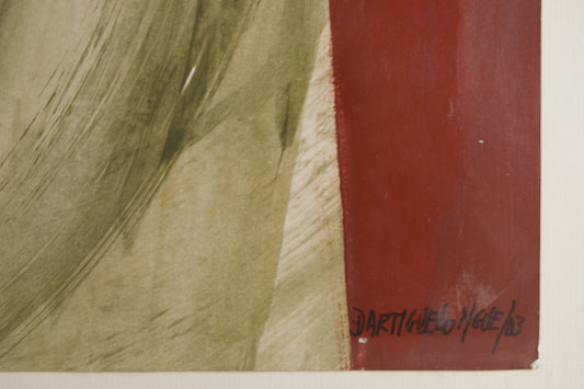 ISABEL DARTIGUELONGUE | CHROMATISCHE SPANNUNG IN ROT UND OLIV | GESTISCHE ABSTRAKTION | ACRYL AUF KARTON