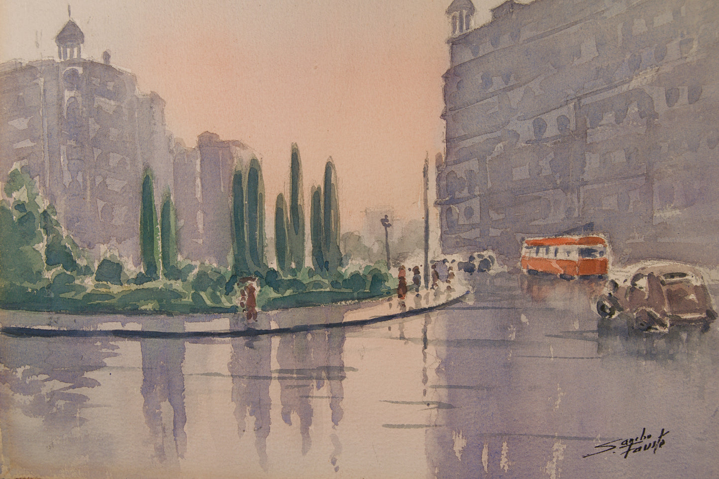 PEDRO SANCHO FAUSTE | ESCENA URBANA: PERSPECTIVA ATMOSFÉRICA | ACUARELA SOBRE PAPEL GUARRO