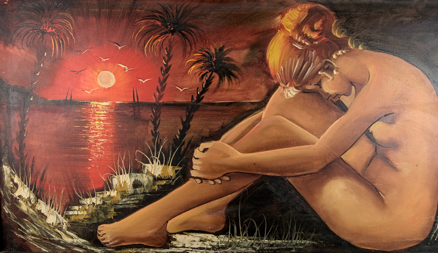 Escuela Figurativa del Siglo XX | Desnudo Femenino en Paisaje Tropical | Óleo de Gran Formato