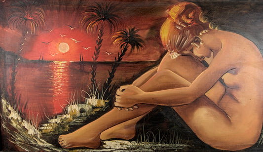 Escuela Figurativa del Siglo XX | Desnudo Femenino en Paisaje Tropical | Óleo de Gran Formato
