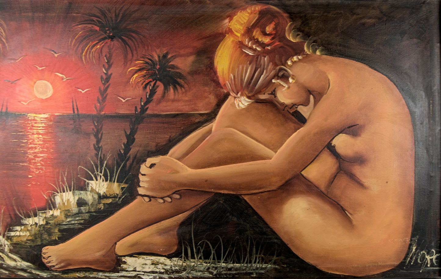 Escuela Figurativa del Siglo XX | Desnudo Femenino en Paisaje Tropical | Óleo de Gran Formato