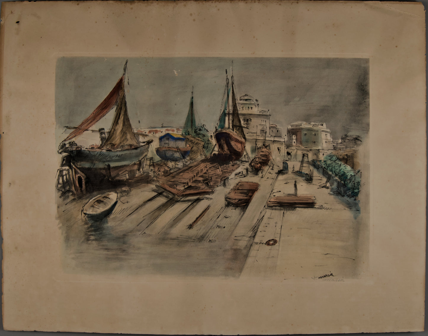 F. Marsà | Astillero y Barcos en Dique Seco | Aguafuerte y Aguatinta Original