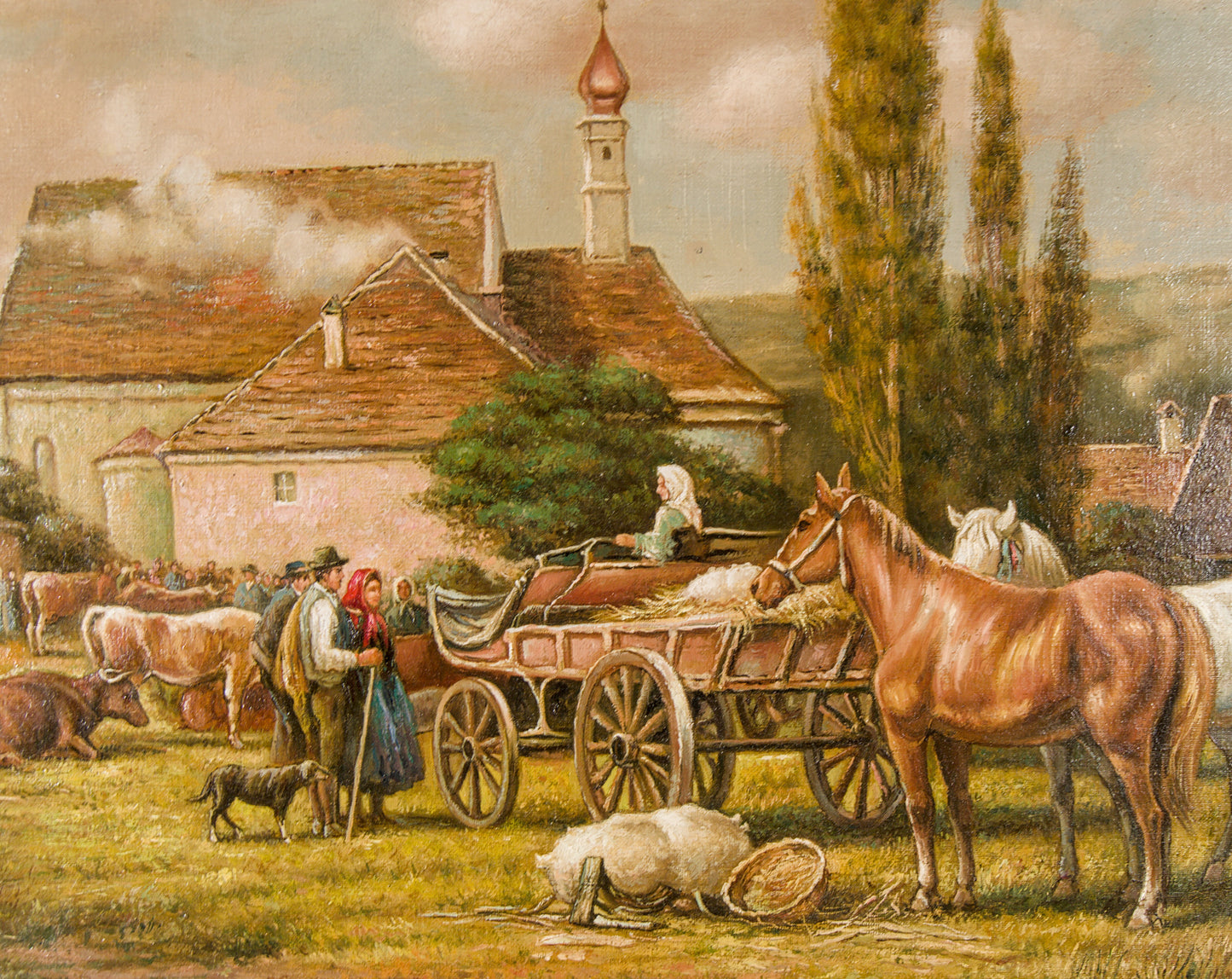 Karl Stuhlmüller | Escena de mercado rural bávaro | Óleo sobre lienzo | Finales del siglo XIX
