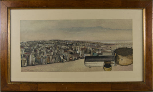 PACO DURAN VILA | PANORAMABLICK AUF BARCELONA MIT STILLLEBEN | STADTRAT | AQUARELL AUF PAPIER (1985)