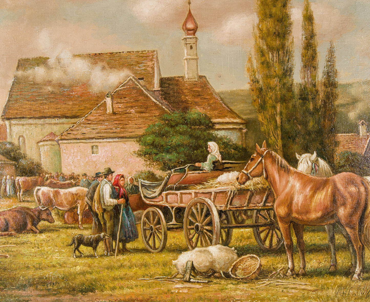 Karl Stuhlmüller | Escena de mercado rural bávaro | Óleo sobre lienzo | Finales del siglo XIX