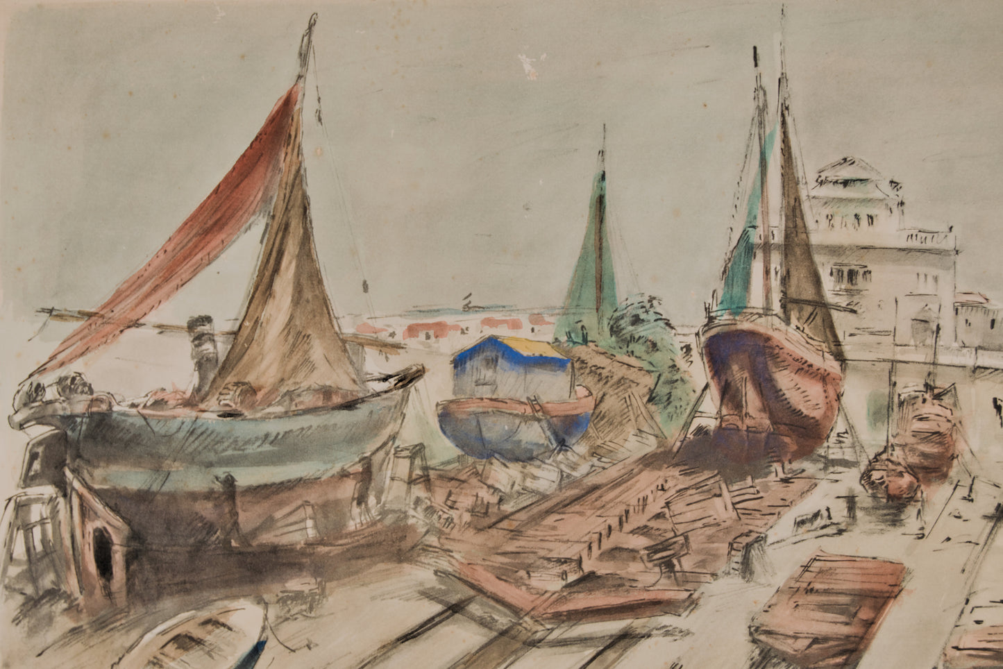 F. Marsà | Astillero y Barcos en Dique Seco | Aguafuerte y Aguatinta Original