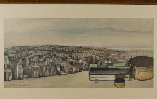 PACO DURAN VILA | PANORAMABLICK AUF BARCELONA MIT STILLLEBEN | STADTRAT | AQUARELL AUF PAPIER (1985)