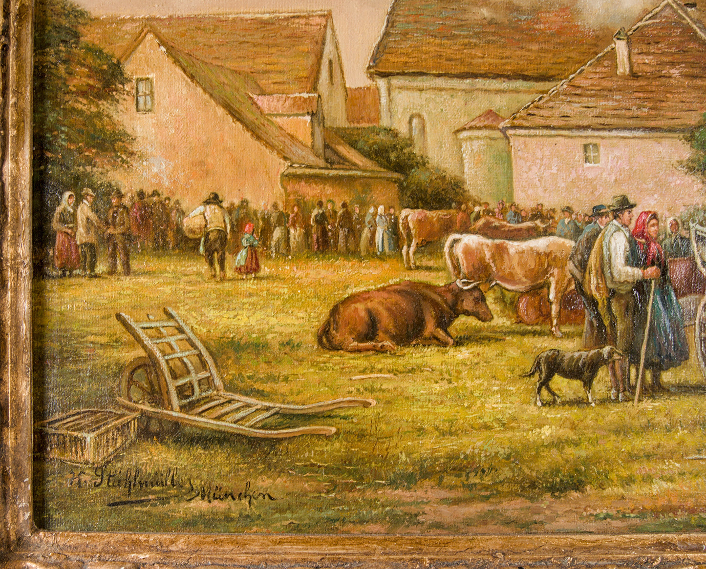 Karl Stuhlmüller | Escena de mercado rural bávaro | Óleo sobre lienzo | Finales del siglo XIX