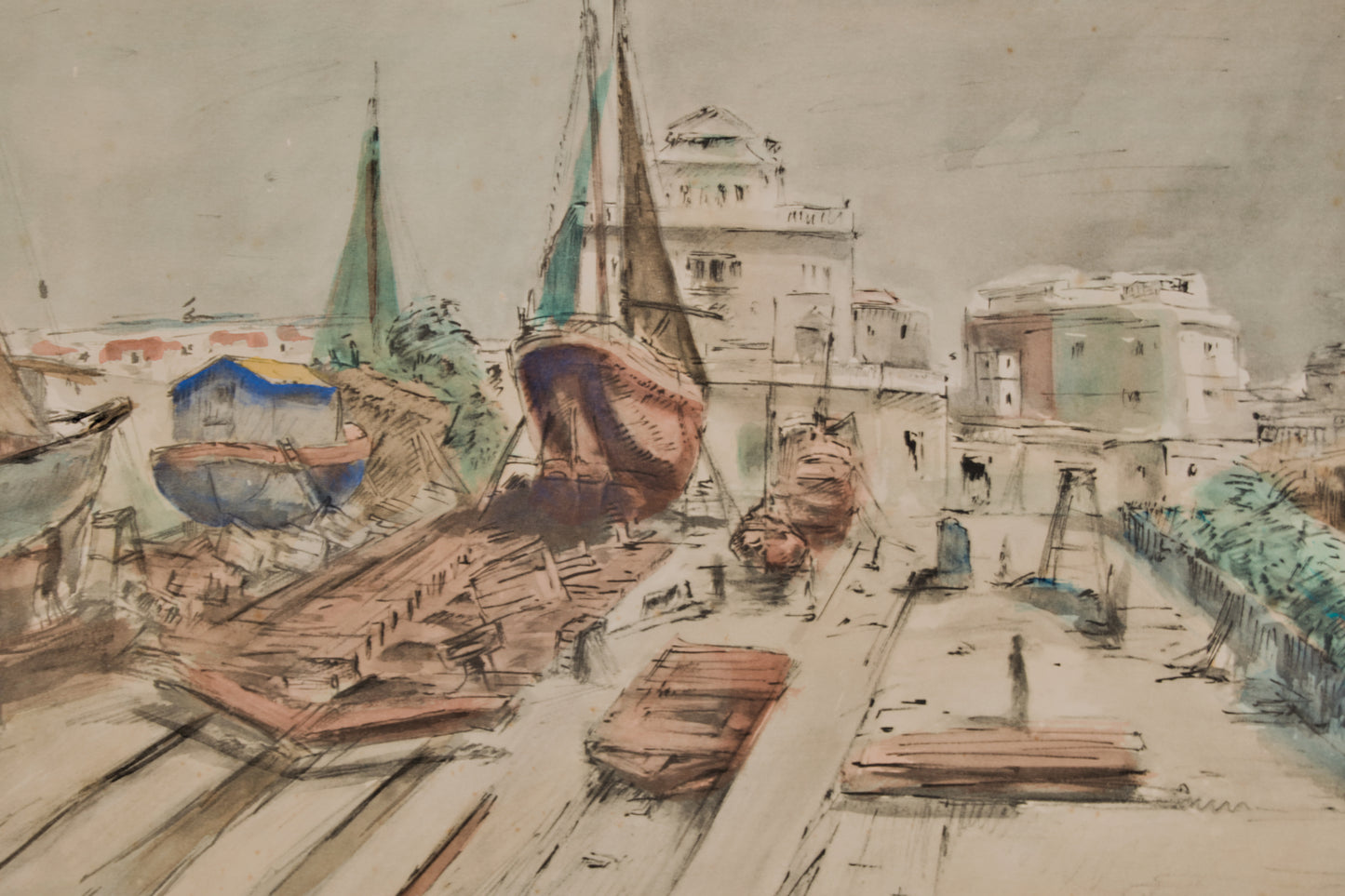 F. Marsà | Astillero y Barcos en Dique Seco | Aguafuerte y Aguatinta Original