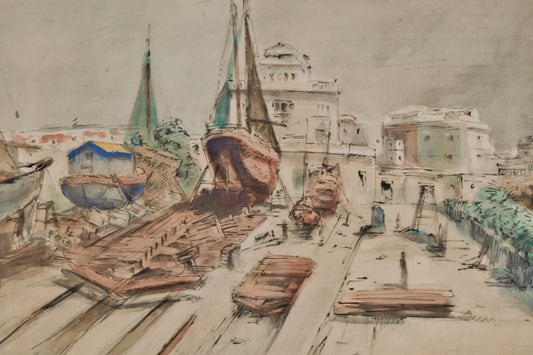 F. Marsà | Astillero y Barcos en Dique Seco | Aguafuerte y Aguatinta Original