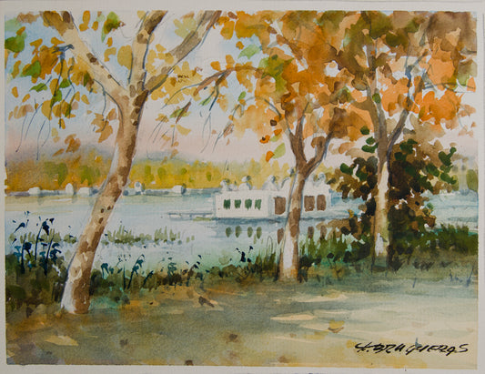 FELIP BRUGUERAS | LAGO DE BANYOLES CON PESQUERA | PAISAJISMO CATALÁN | ACUARELA SOBRE CARTULINA