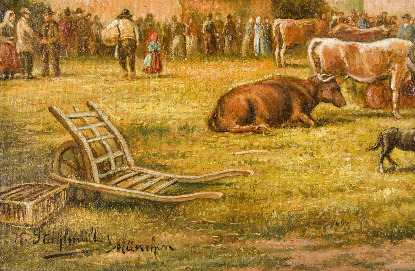 Karl Stuhlmüller | Escena de mercado rural bávaro | Óleo sobre lienzo | Finales del siglo XIX