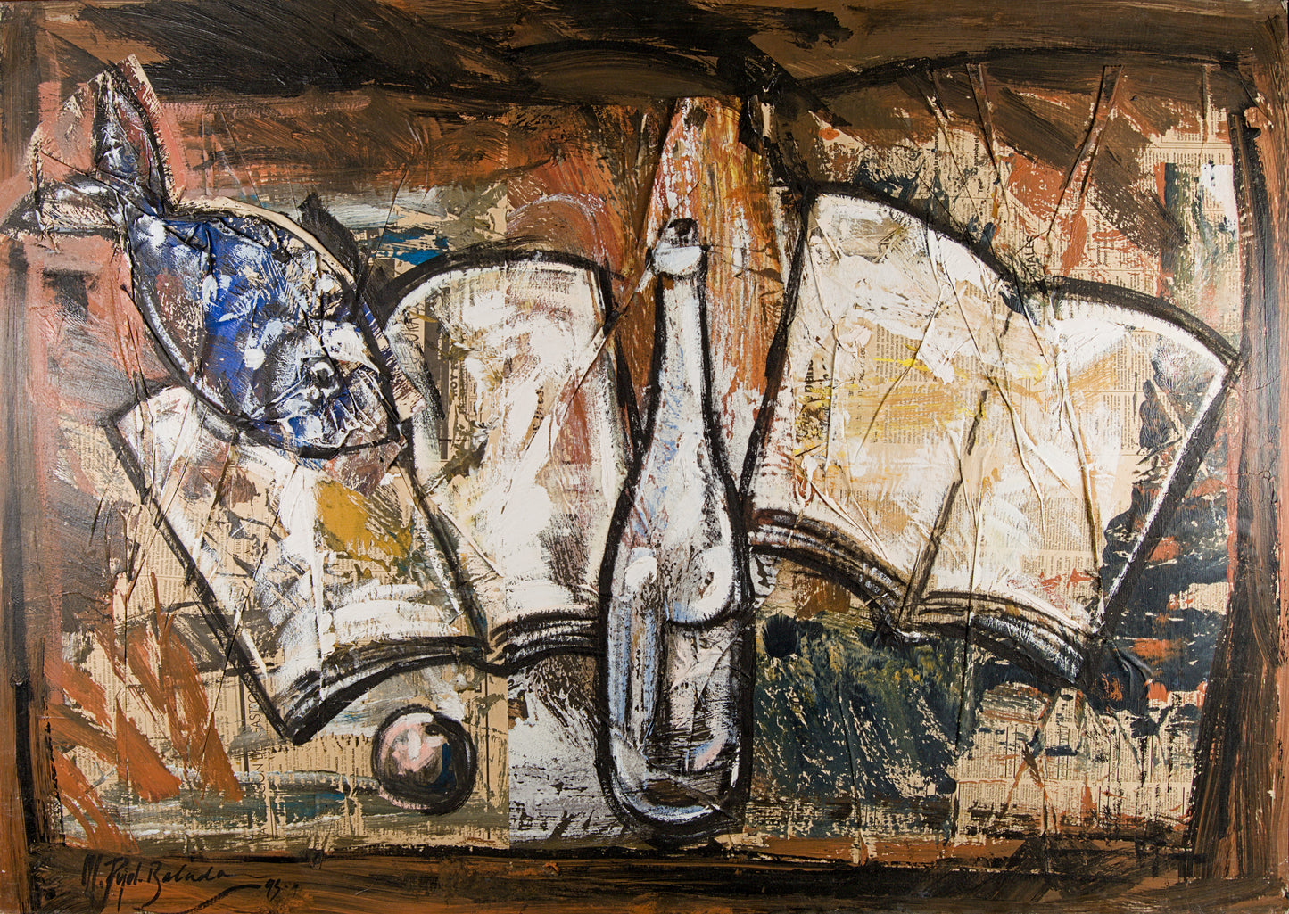 Manel Pujol Baladas | "Bodegón pescado, libro y botella" | Mixta y Collage sobre Lienzo (1992) | Colección de 18 Obras Certificadas