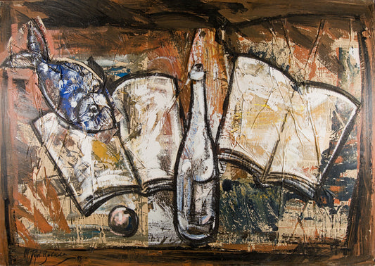 Manel Pujol Baladas | "Bodegón pescado, libro y botella" | Mixta y Collage sobre Lienzo (1992) | Colección de 18 Obras Certificadas