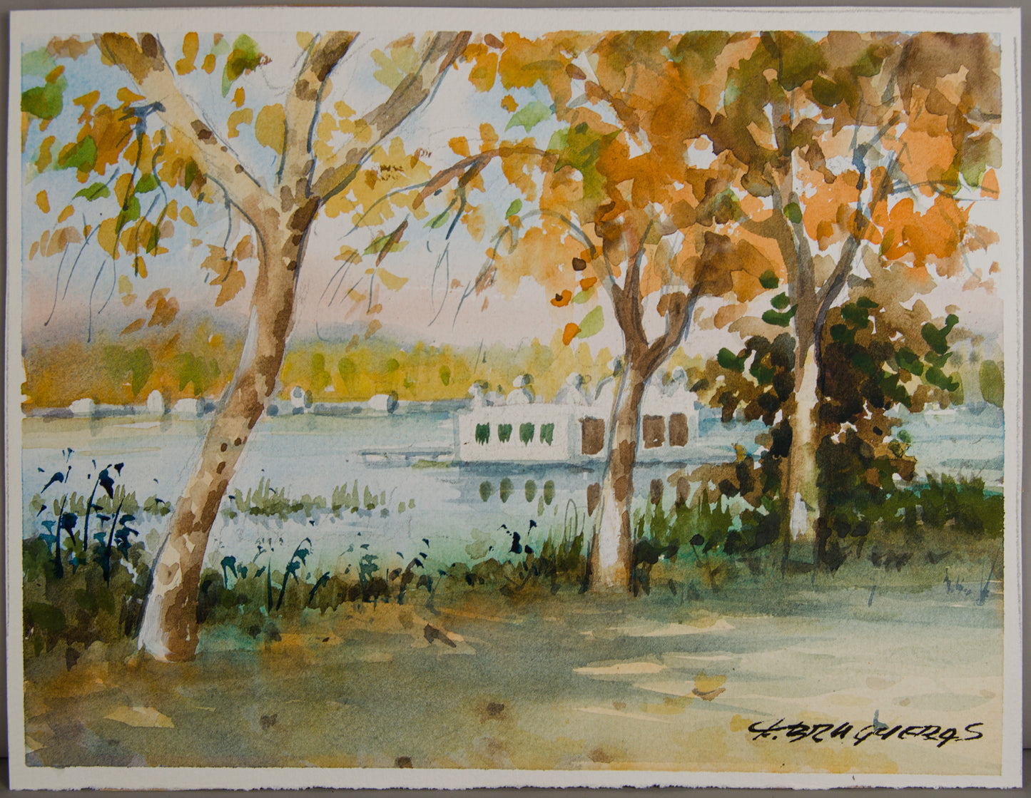 FELIP BRUGUERAS | LAGO DE BANYOLES CON PESQUERA | PAISAJISMO CATALÁN | ACUARELA SOBRE CARTULINA